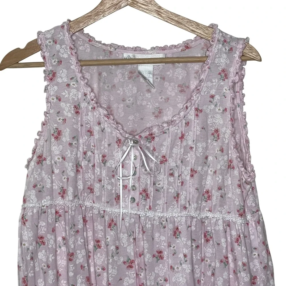 Eileen West Pink Floral Cotton Modal Sleeveless Nightgown Medium Ruffle Lace Tie